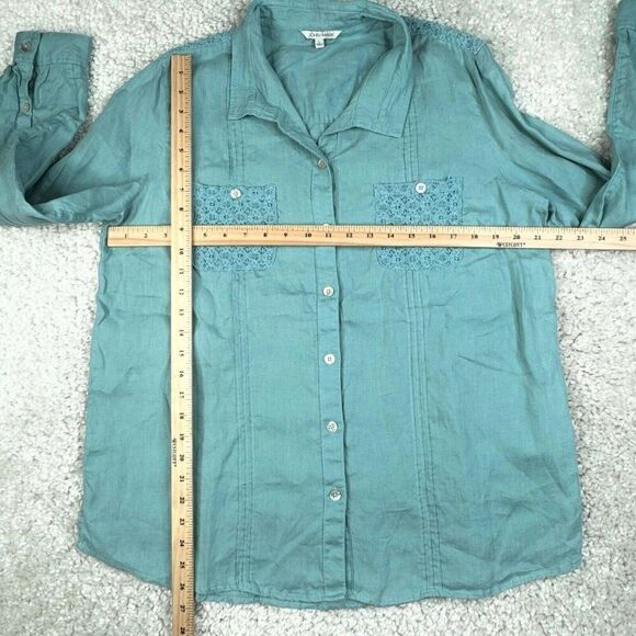 John Mark Crotchet Pocket Linen Button Up Shirt Blue Green - Picture 8 of 8